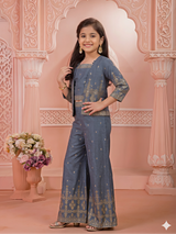 Girls' Deep Teal (Grey) Embroidered Crop Top, Palazzo & Jacket Set