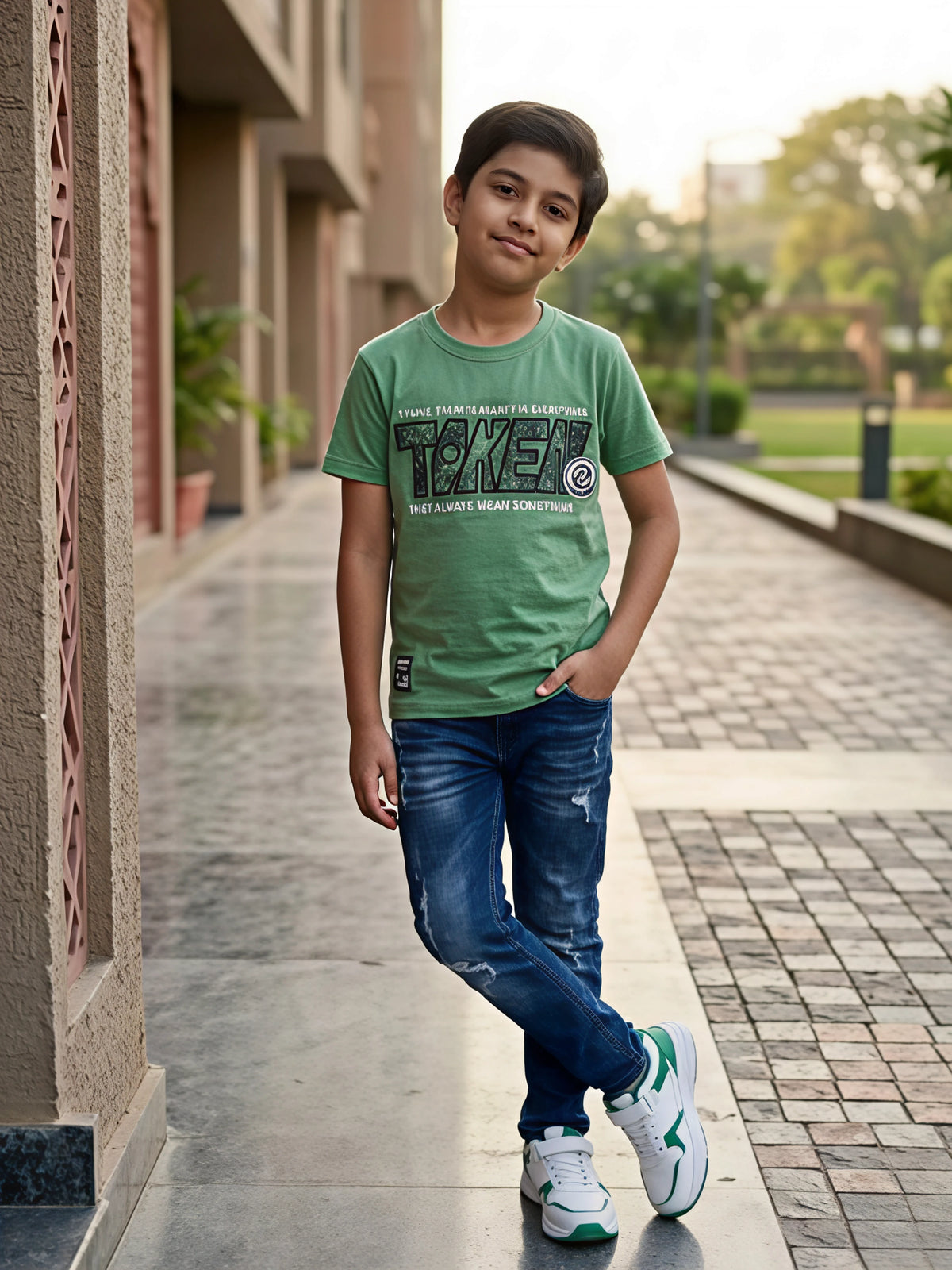 Boys Graphic Print Sage Green Cotton T-Shirt