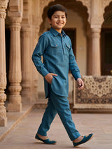 Boys Emerald Green Pathani Kurta Set with Pocket Details