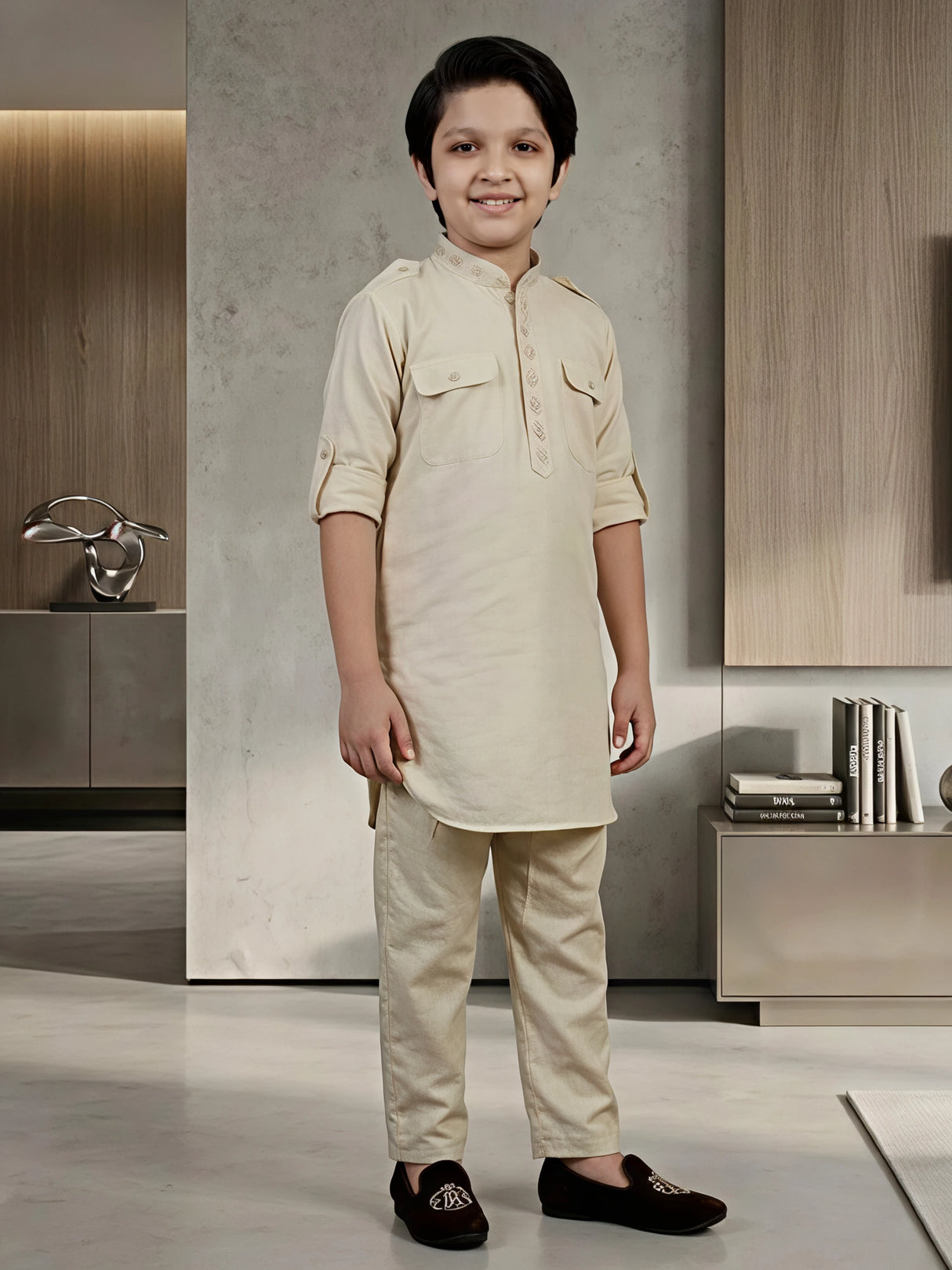 Boys Cream Textured Pathani Kurta Set with Pocket Details
