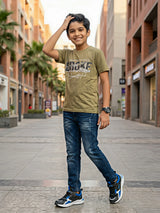 Boys Olive Green Graphic Print Cotton T-Shirt