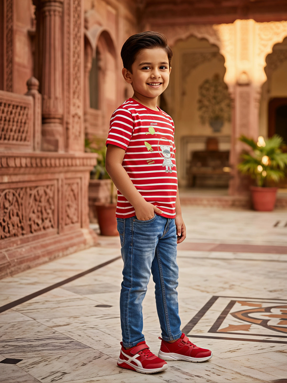 Boys Red Striped Astronaut Bear Graphic T-Shirt