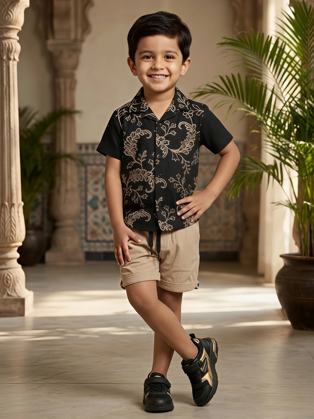 Boys Black Floral Print Cuban Collar Shirt and Beige Shorts Co-ord Set