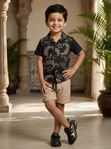 Boys Black Floral Print Cuban Collar Shirt and Beige Shorts Co-ord Set