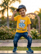 Boys Vibrant Yellow Teddy Bear Graphic Cotton T-Shirt