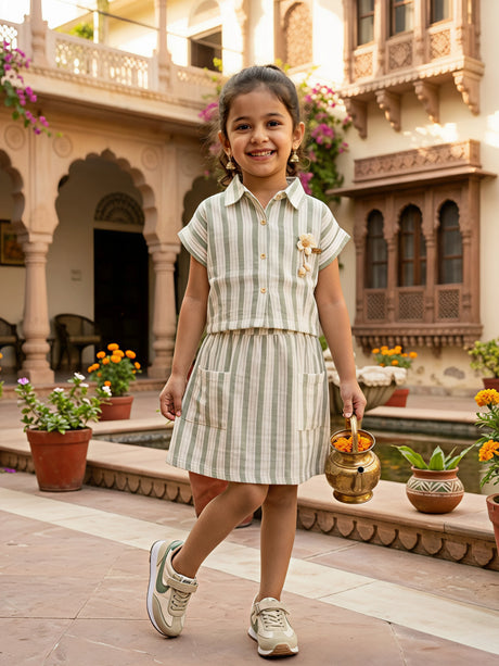 Girls Sage Green Striped Cotton Co-ord Set