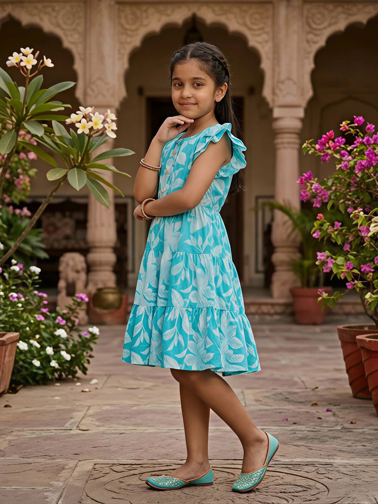 Girls' Sky Blue Leaf Print Tiered Cotton Frock with Ruffle Sleeves