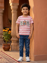 Boys' Pink Striped Graphic Print Cotton Casual T-Shirt