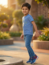 Boys Blue Striped Space Explorer Graphic T-Shirt
