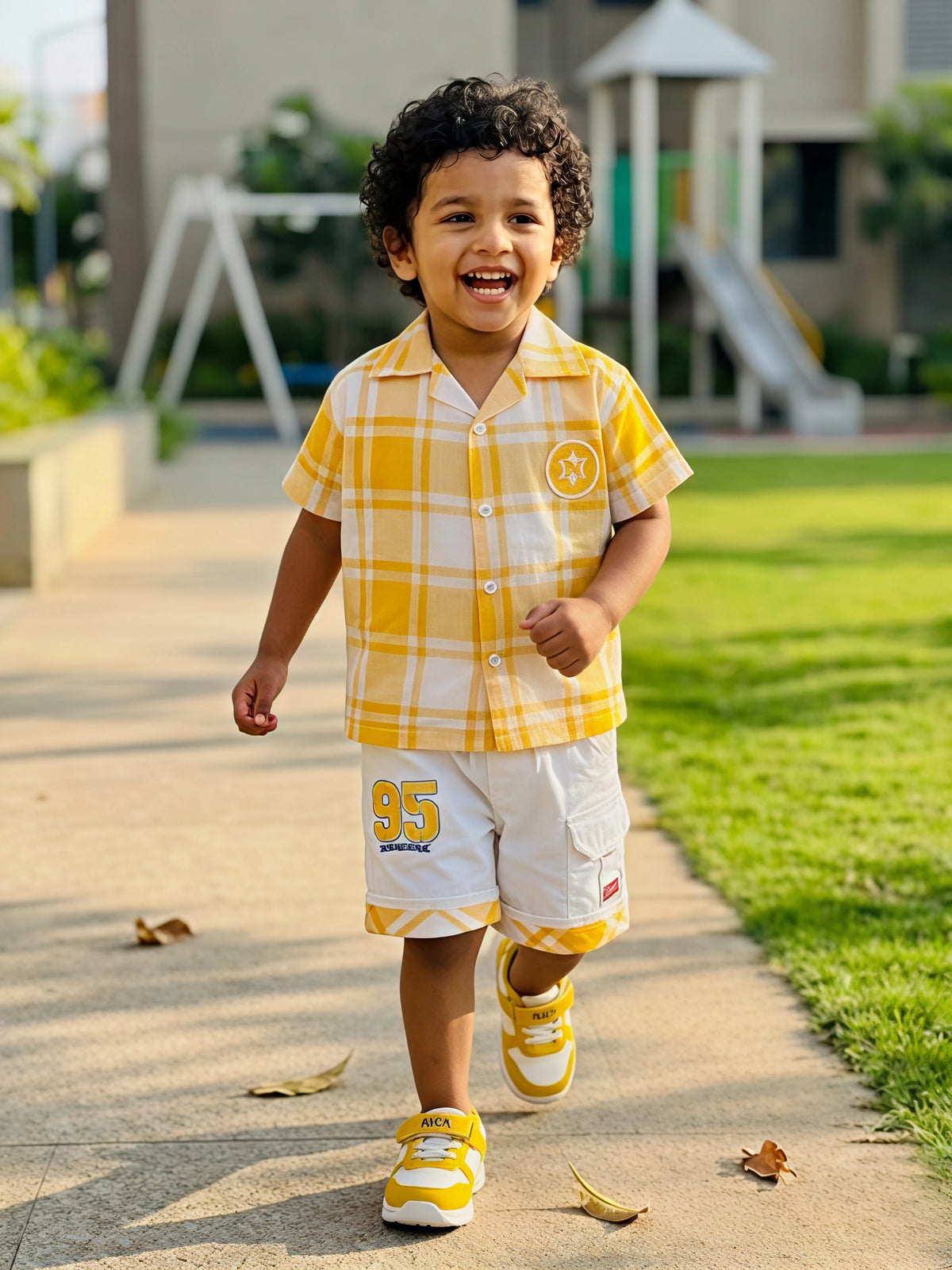 Boys' Sunshine Yellow Plaid Shirt and Cargo Shorts Co-ord Set