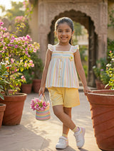 Girls Pastel Striped Ruffle Top and Yellow Cargo Shorts Coordinate Set