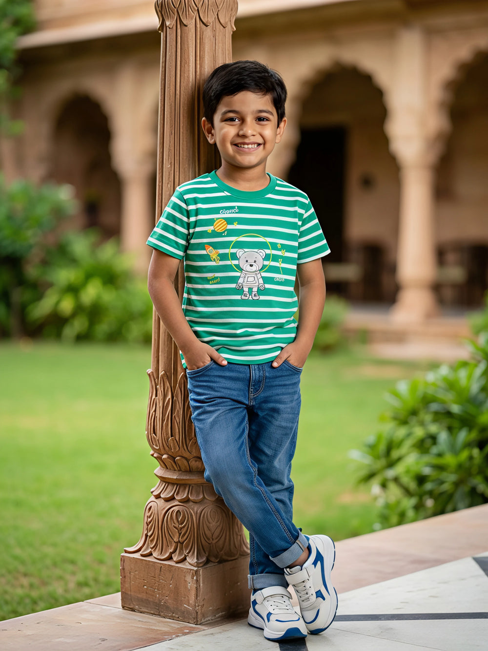 Boys Green Astronaut Bear Striped T-Shirt