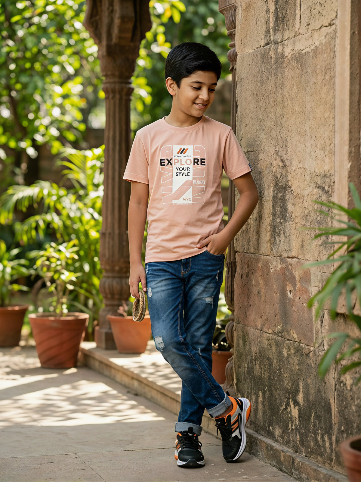 Boys Peach Graphic Print "Explore Your Style" Cotton T-Shirt