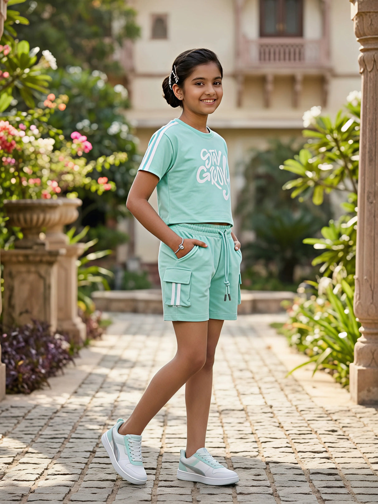 Girls' Mint Green "Stay Groovy" Crop Top and Cargo Shorts Co-ord Set