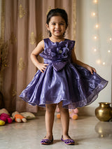 Purple Shimmer Baby Girl Party Dress with 3D Flower & Bow.