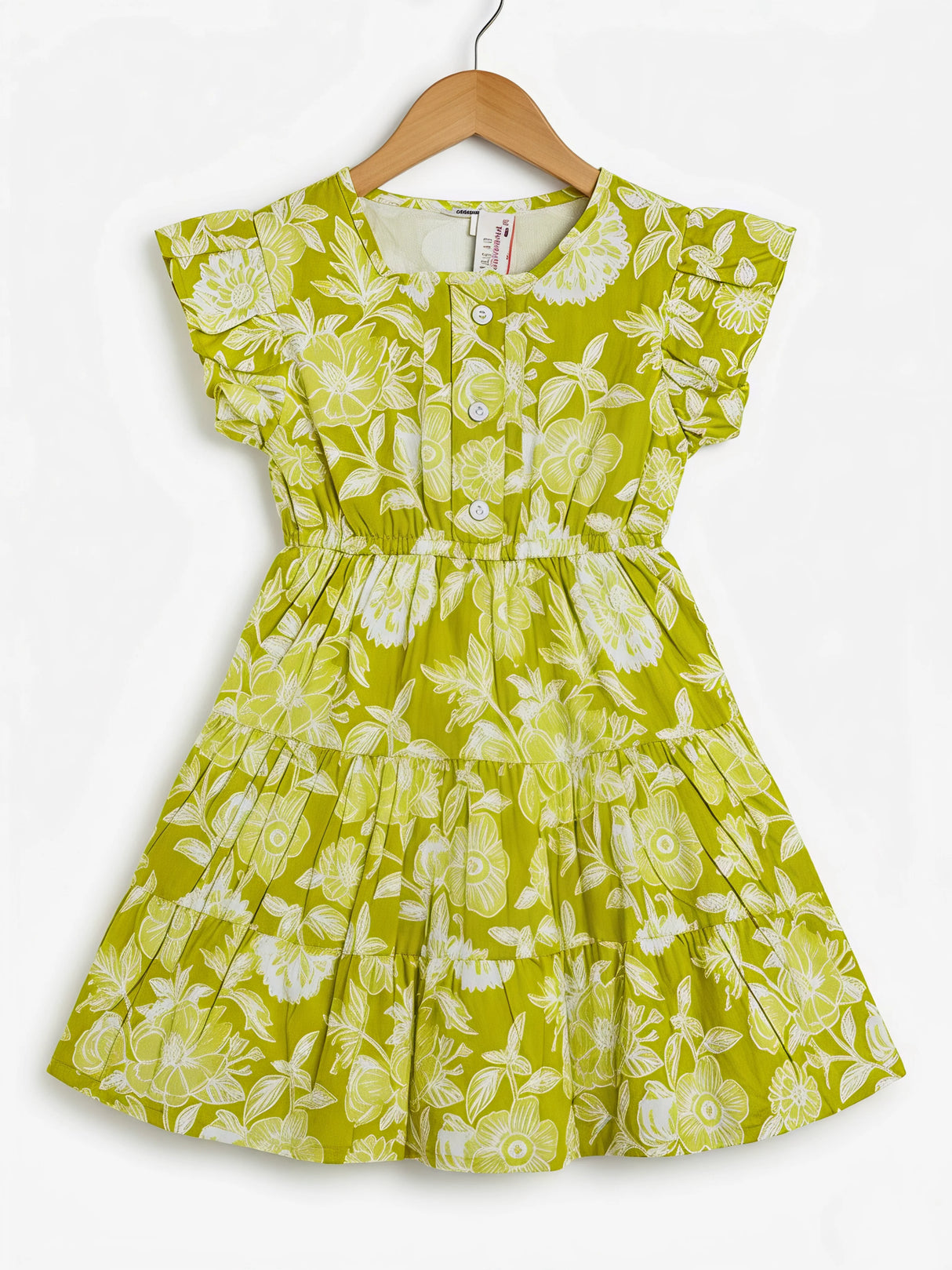 Girls Lime Green Floral Tiered Cotton Frock