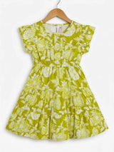 Girls Lime Green Floral Tiered Cotton Frock