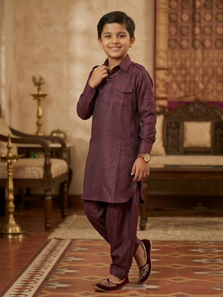 Boys Elegant Purple Textured Pathani Kurta with Pajama Set