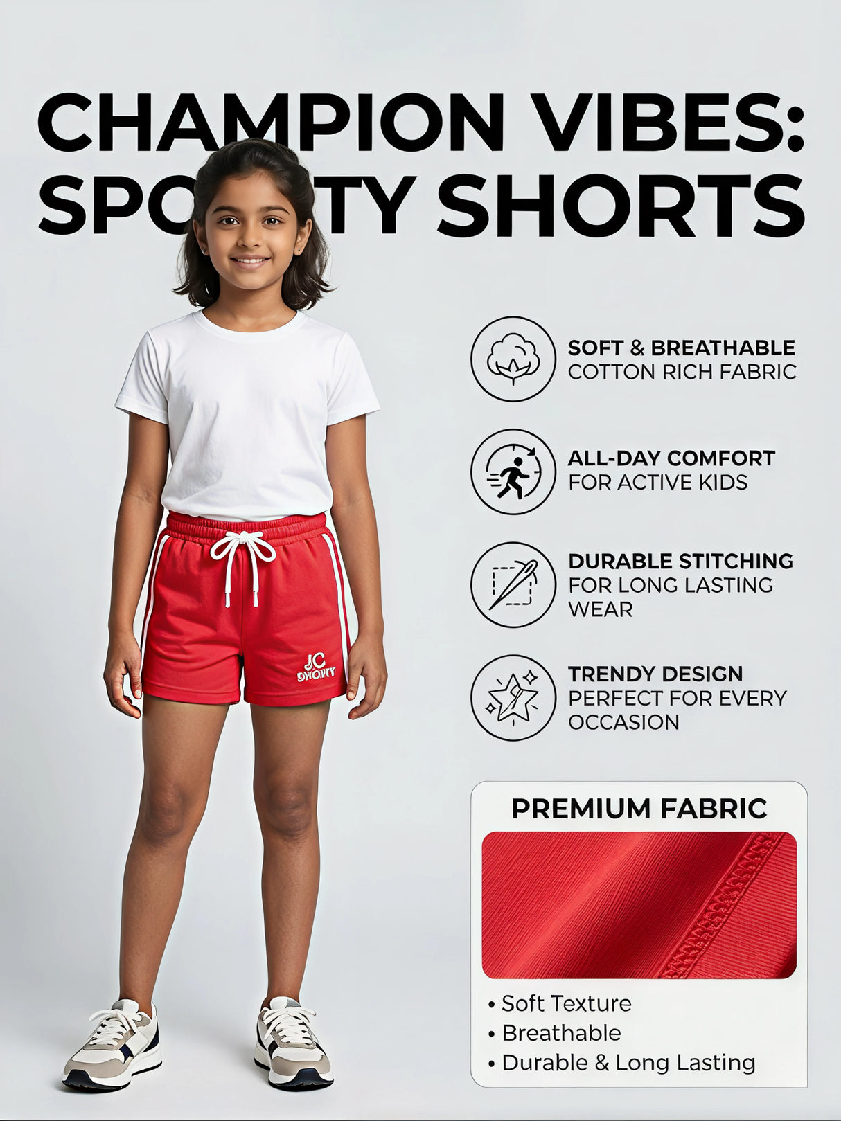 Girls' Vibrant Red Athletic Shorts with White Side Stripes