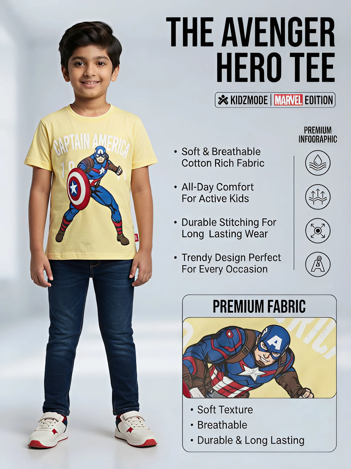 Boys Yellow Marvel Captain America Graphic Printed T-Shirt
