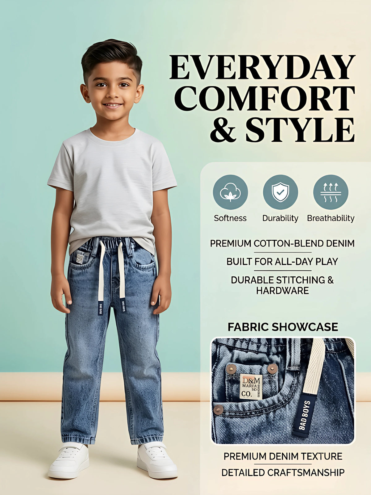 Boys Blue Elastic Waistband Denim Jeans.
