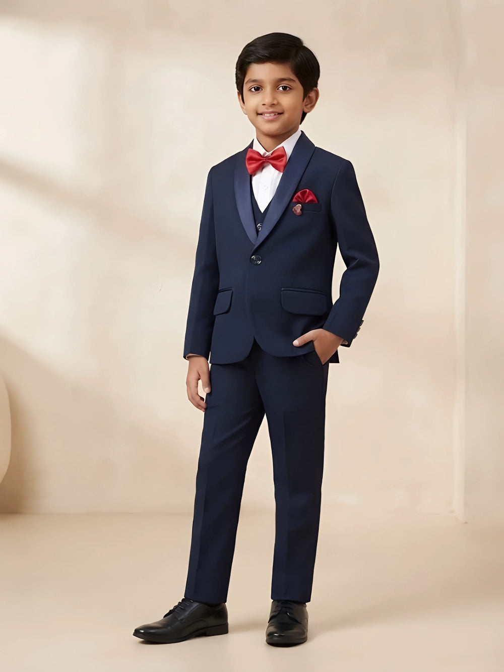 Boys navy blue tuxedo coat suit set with satin shawl lapel blazer, white shirt, waistcoat, trousers, red bow tie, and red pocket square
