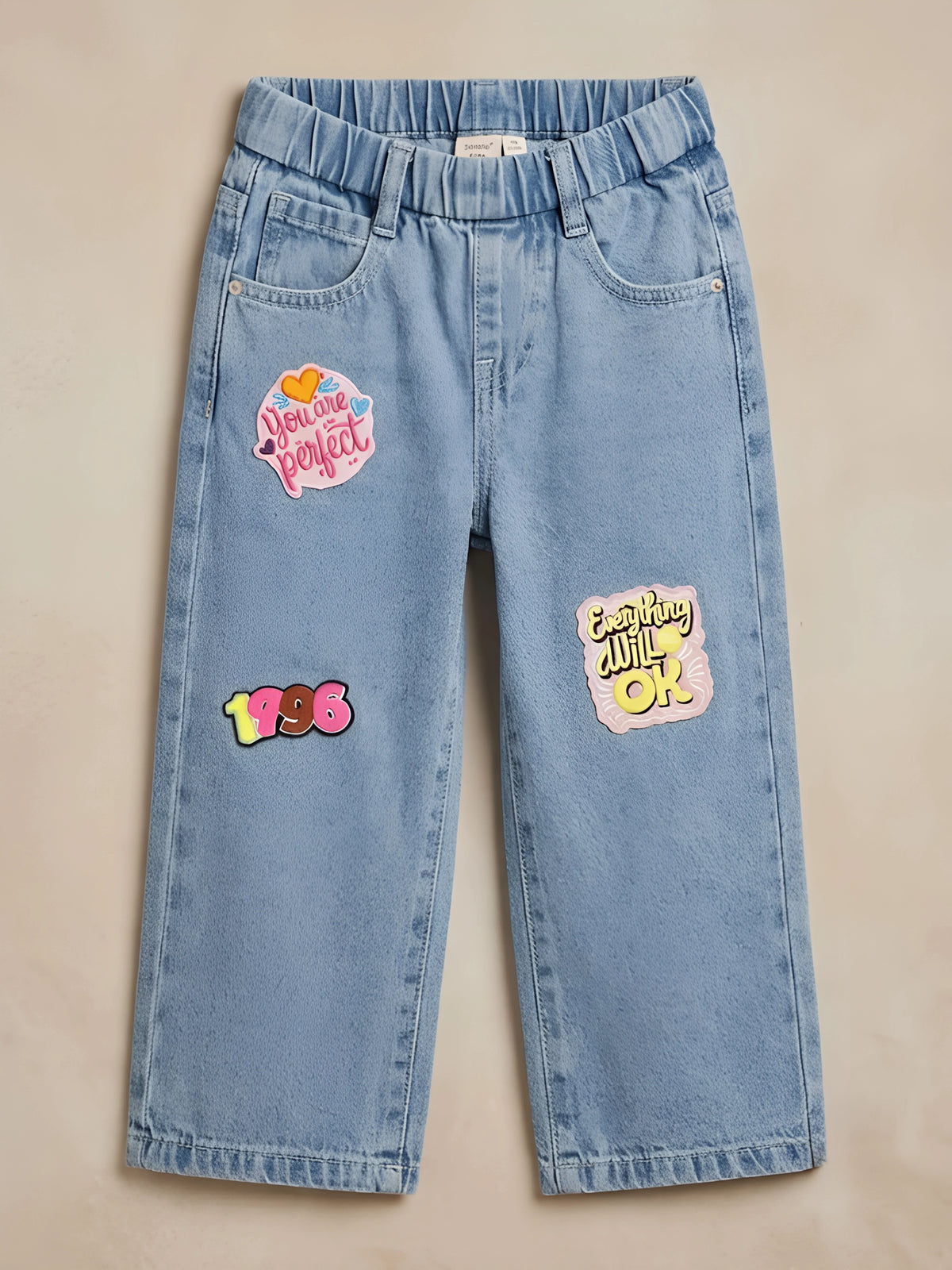 Girls Light Blue Graphic Patch Wide Leg Pants