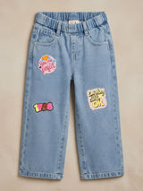 Girls Light Blue Graphic Patch Wide Leg Pants