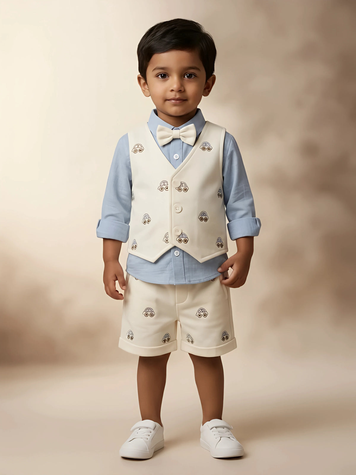 Light blue car print boys coordinate set featuring a matching vest and bow tie.