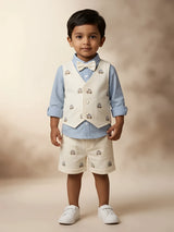 Light blue car print boys coordinate set featuring a matching vest and bow tie.