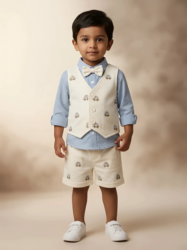 Light blue car print boys coordinate set featuring a matching vest and bow tie.