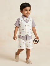 Purple car print boys coordinate set featuring a shirt, vest, bow tie, and shorts.