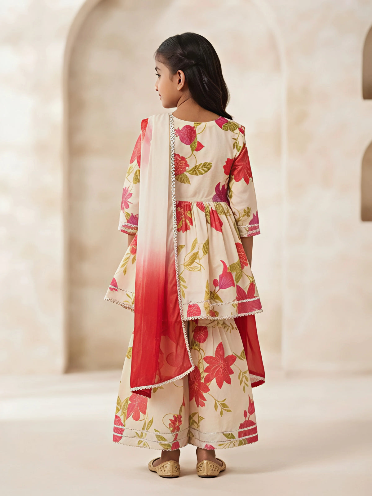 Cream Floral Printed Kurta Dupatta Set for Girls