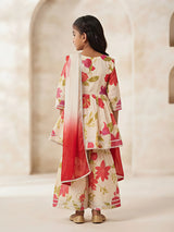 Cream Floral Printed Kurta Dupatta Set for Girls