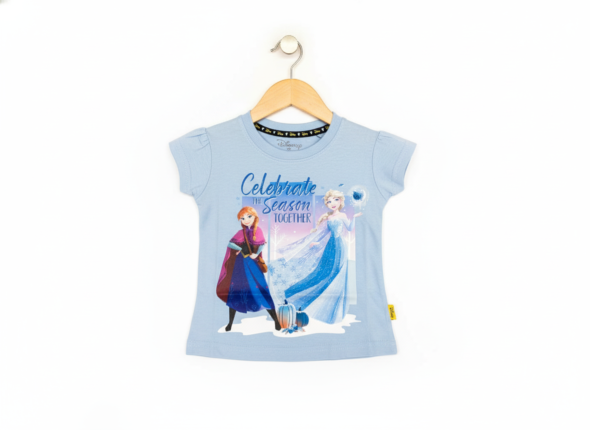 Disney Frozen Anna and Elsa 'Celebrate The Season Together' graphic print light blue girls' short-sleeve T-shirt hanging on a wooden hanger against a white background.