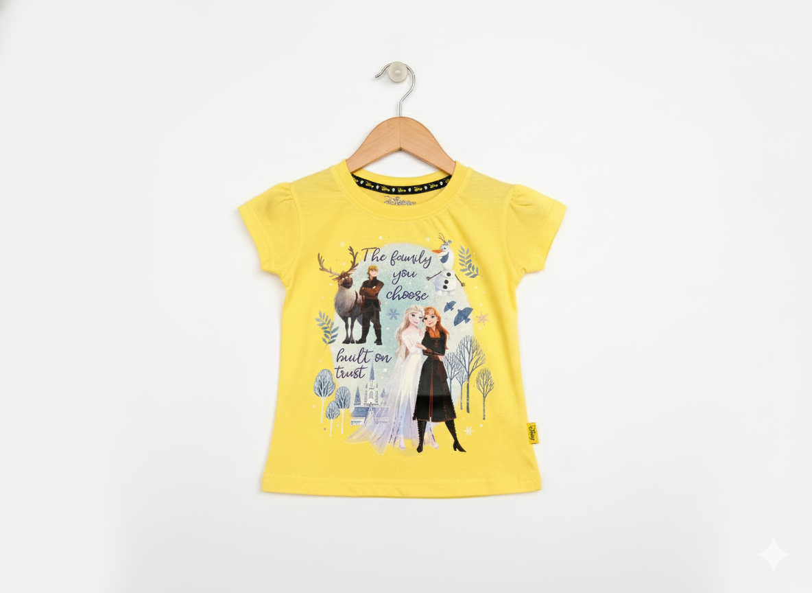Disney Frozen Anna, Elsa, Kristoff, and Sven 'The family you choose is built on trust' graphic print on a bright yellow girls' short-sleeve T-shirt hanging on a wooden hanger against a white background.