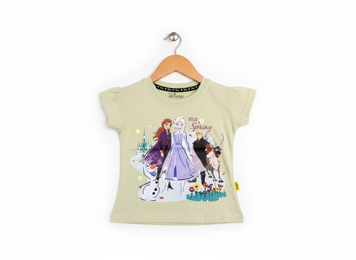 Disney Frozen Anna, Elsa, Olaf, and Sven 'Hello Spring' graphic print light green girls' short-sleeve T-shirt hanging on a wooden hanger against a white background.