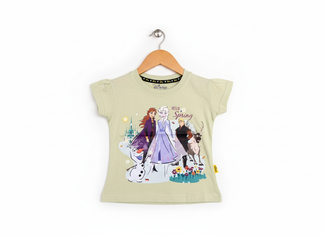Disney Frozen Anna, Elsa, Olaf, and Sven 'Hello Spring' graphic print light green girls' short-sleeve T-shirt hanging on a wooden hanger against a white background.