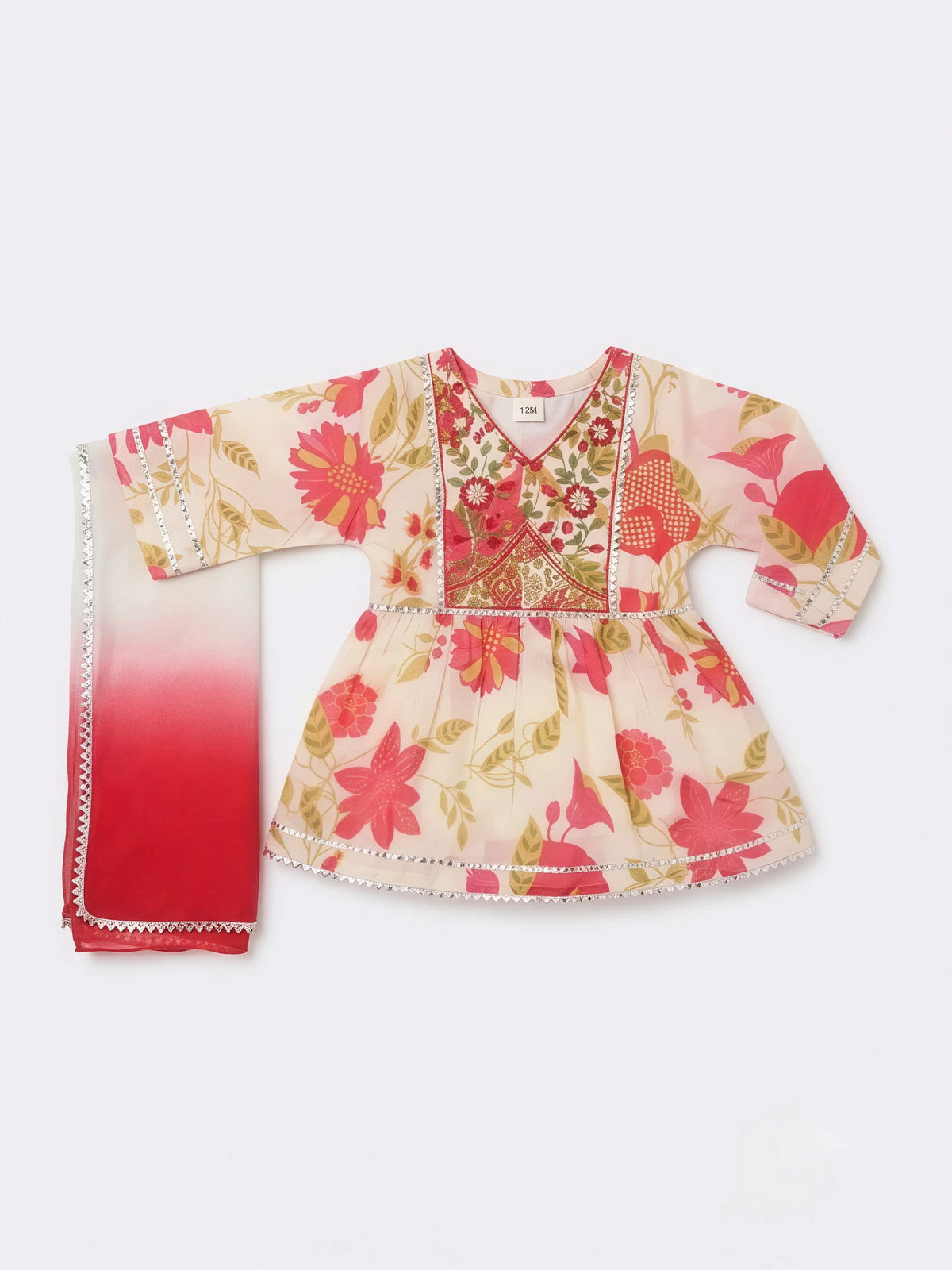 Cream Floral Printed Kurta Dupatta Set for Girls
