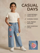 Girls Light Blue Graphic Patch Wide Leg Pants