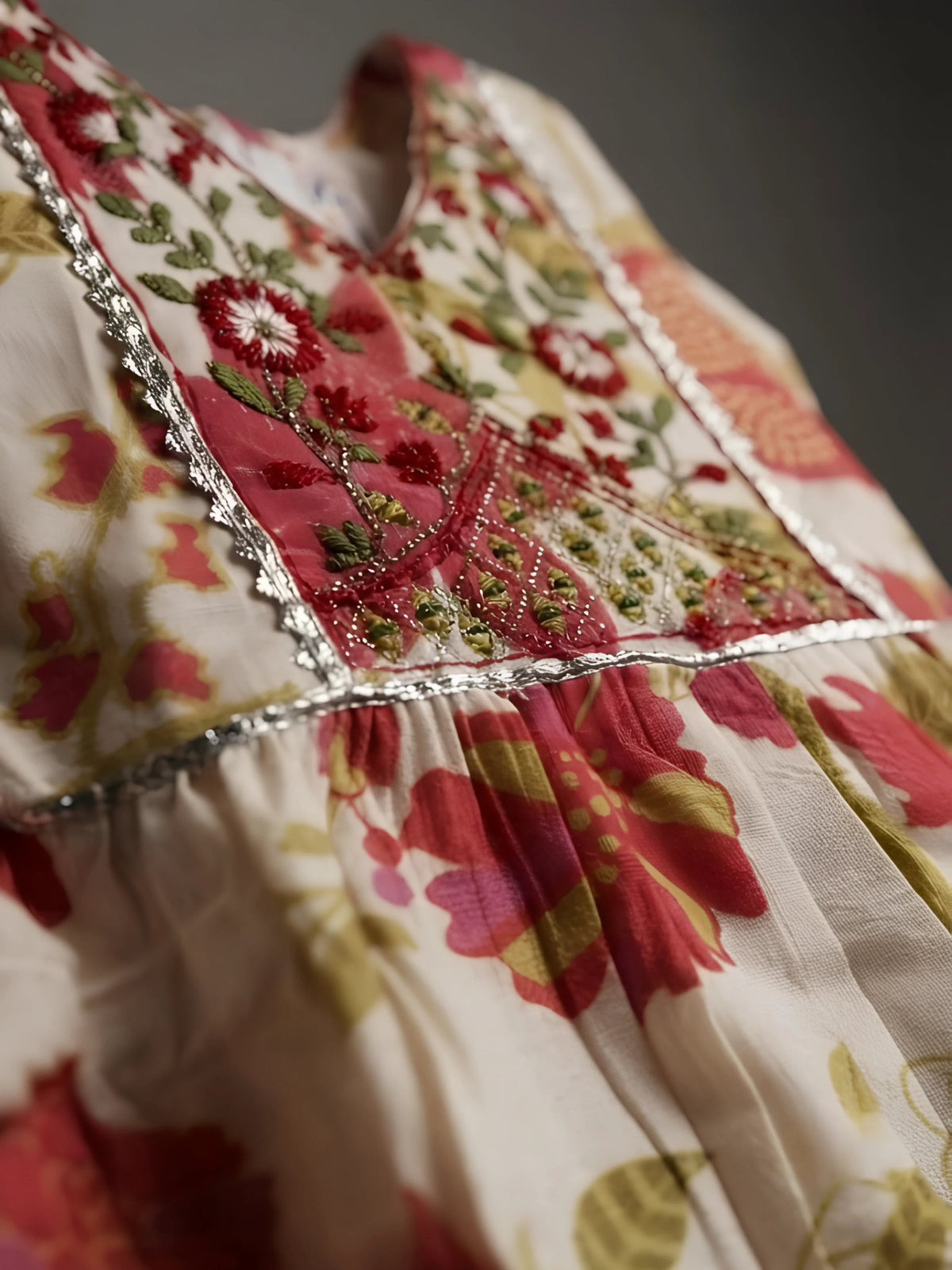 Cream Floral Printed Kurta Dupatta Set for Girls
