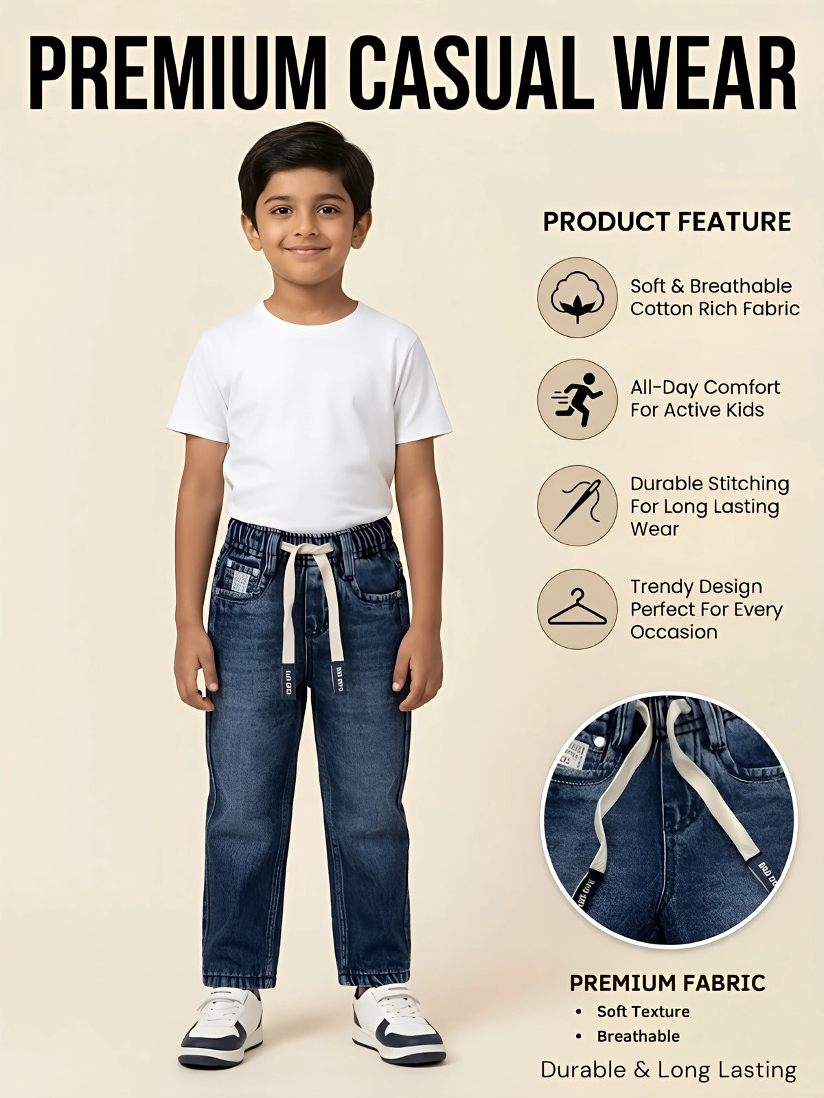 Boys Dark Blue Elastic Waist Denim Jeans..