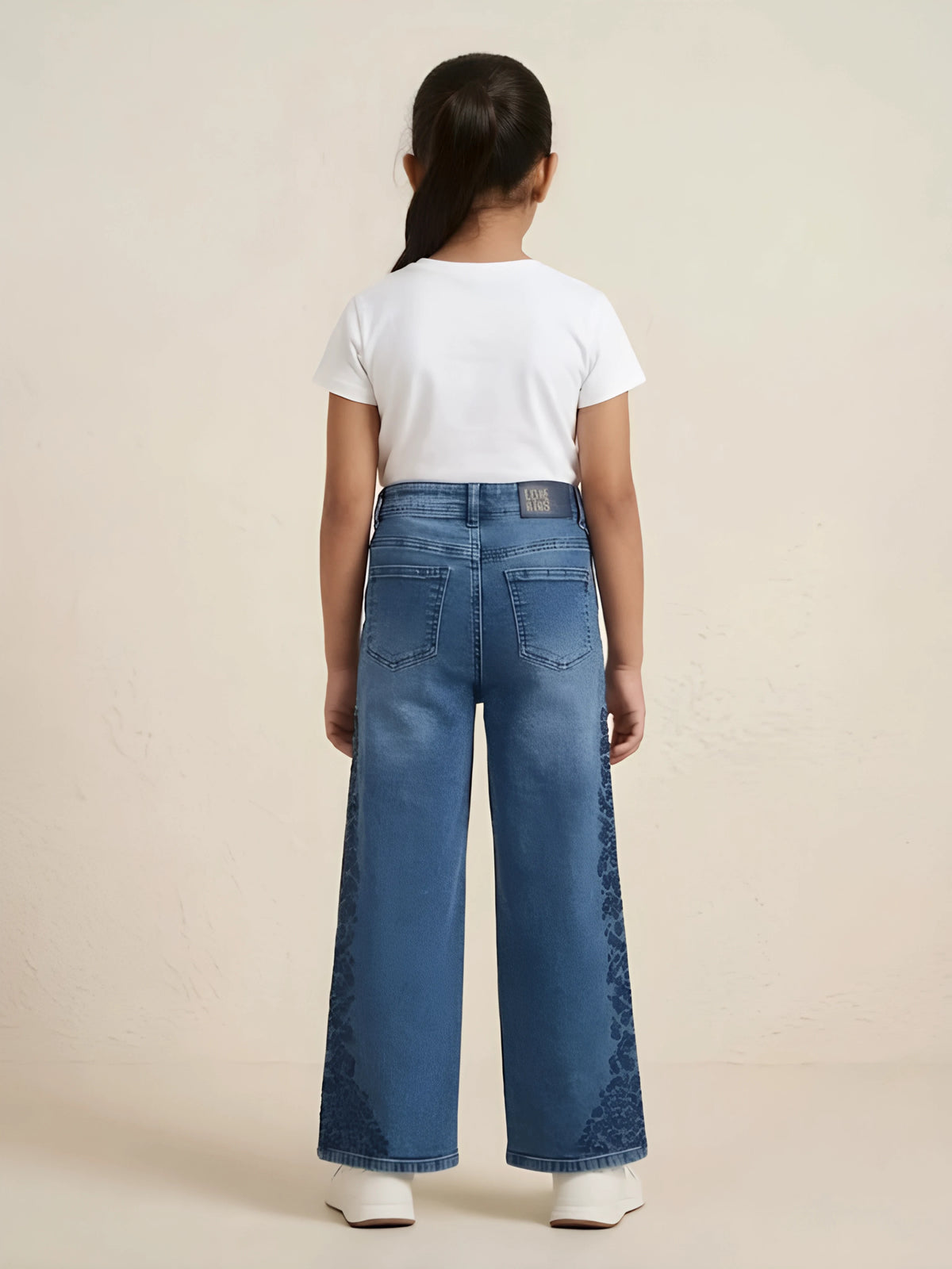 Girls Blue Side-Patterned Casual Wide Leg Jeans.