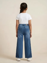 Girls Blue Side-Patterned Casual Wide Leg Jeans.