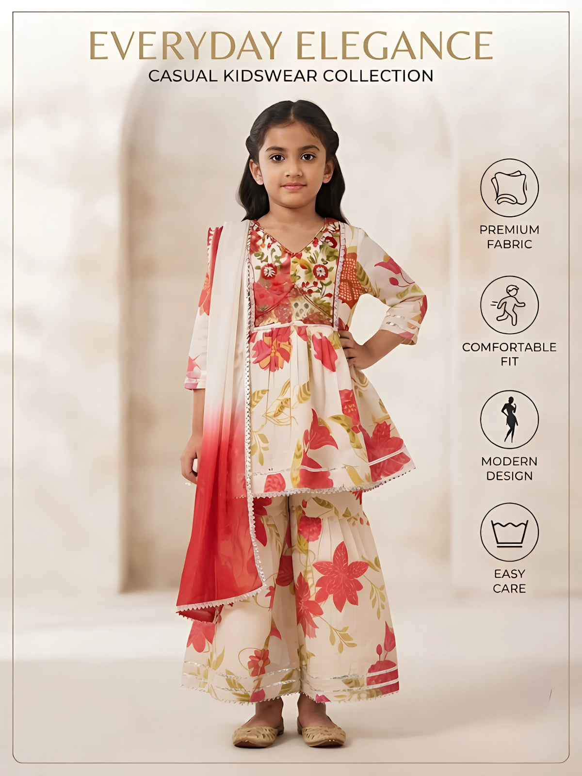 Cream Floral Printed Kurta Dupatta Set for Girls
