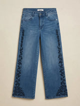 Girls Blue Side-Patterned Casual Wide Leg Jeans.