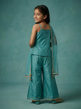 Girls Green Embroidered Palazzo Set with Dupatta.
