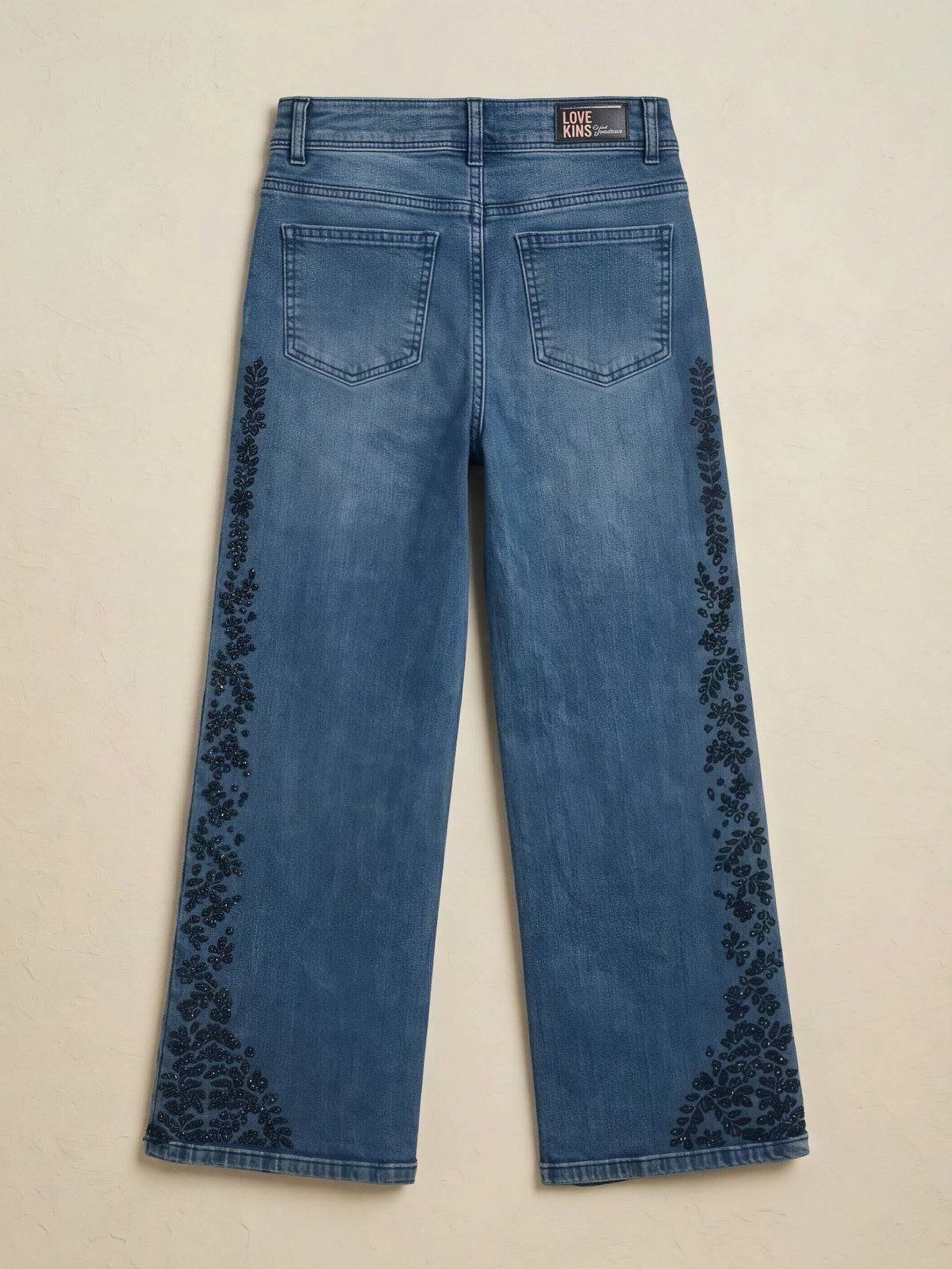 Girls Blue Side-Patterned Casual Wide Leg Jeans.