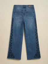 Girls Blue Side-Patterned Casual Wide Leg Jeans.
