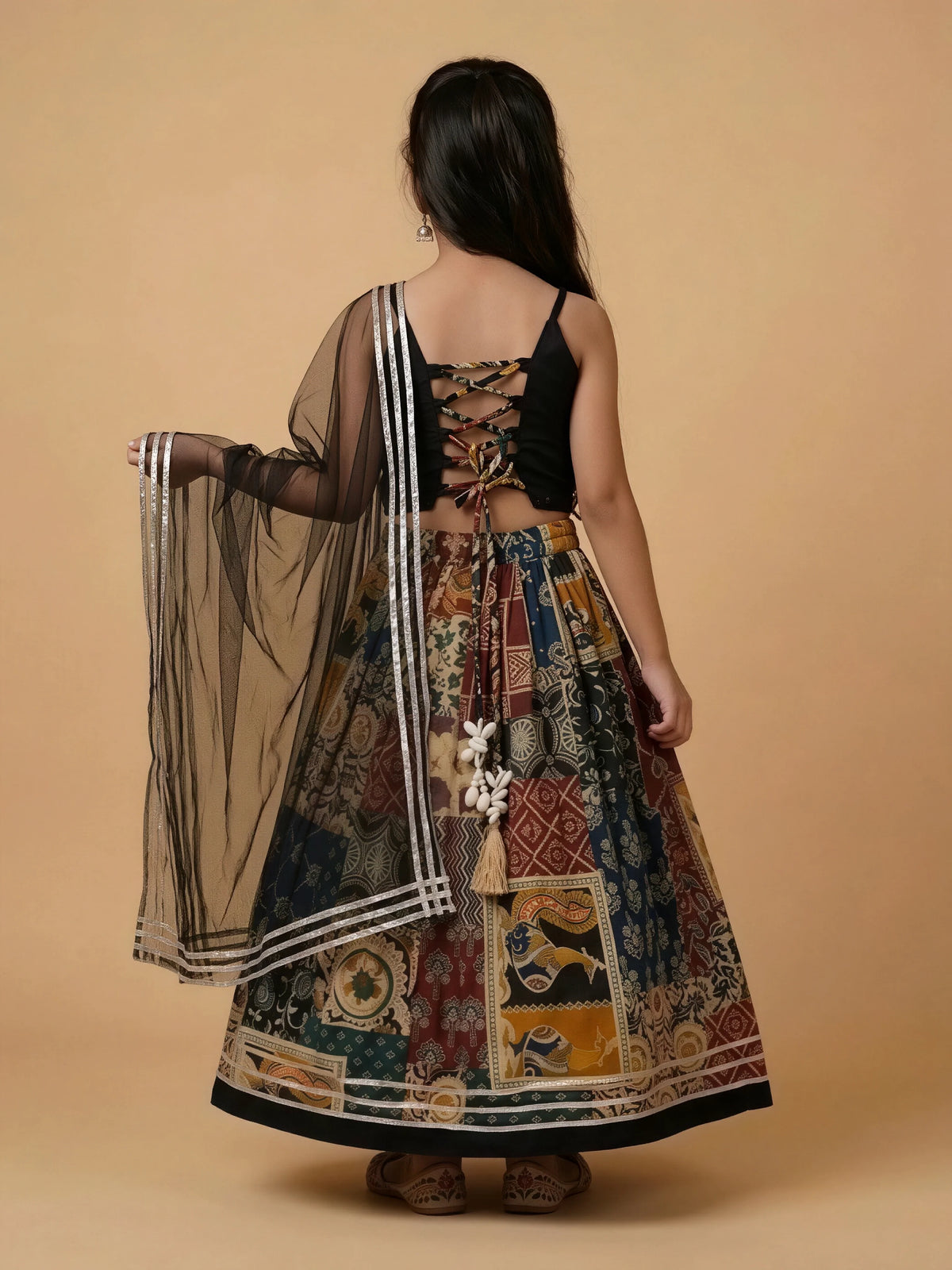 Black Patchwork Embroidered Navratri Lehenga Choli for Girls